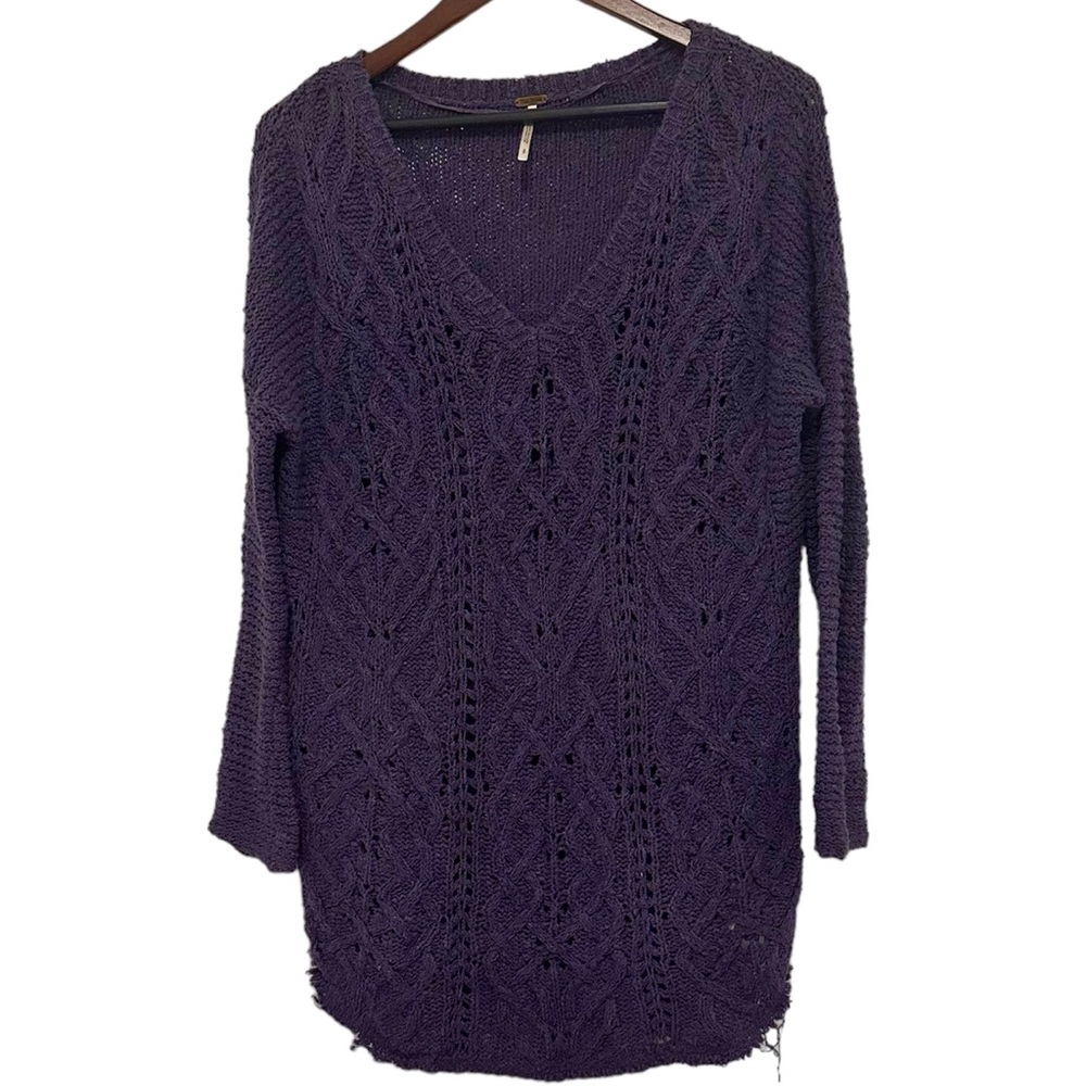 Free People Oversized V Neck Tunic Length Cotton Open Knit Sweater Small